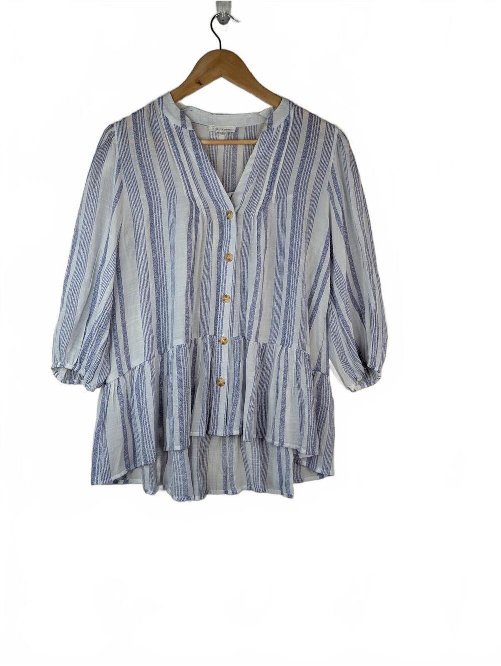 Blu Pepper White+Blue Striped Split Neck Button Front Tiered Ruffle Blouse L
